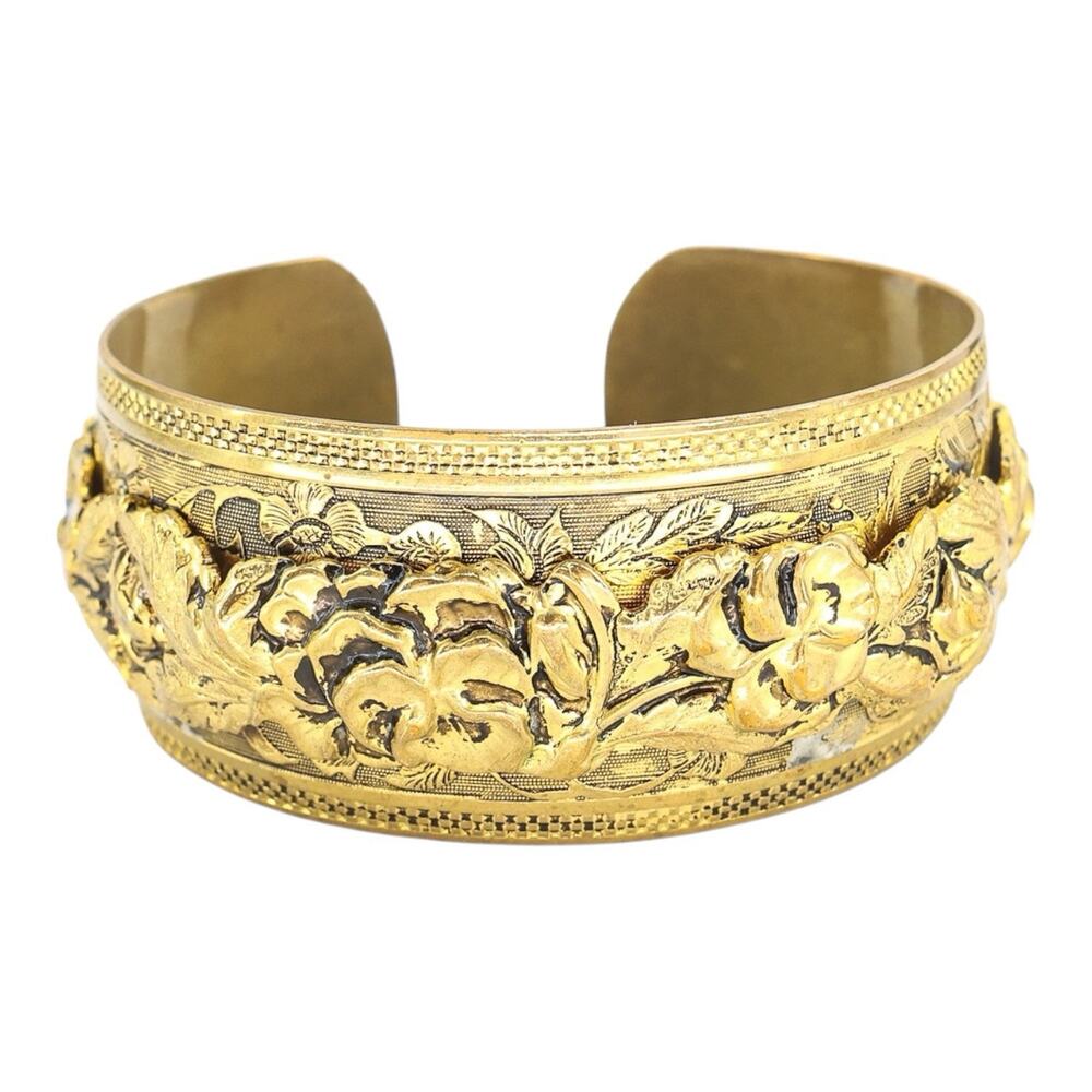 Vintage Antiqued Gold-Tone Victorian Revival Cuff Bracelet Floral Repousse Roses